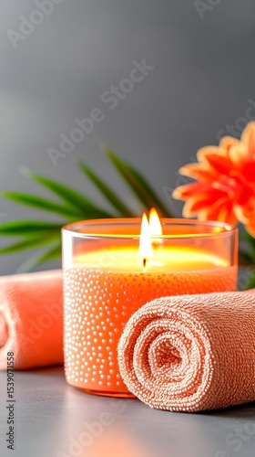 Spa candle, towels, tropical leaves, gray background, relaxation