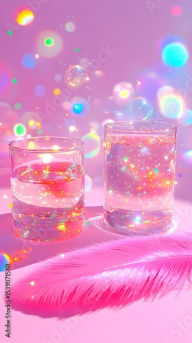 Sparkling water glasses, pink feather, bokeh background, studio shot, aesthetic
