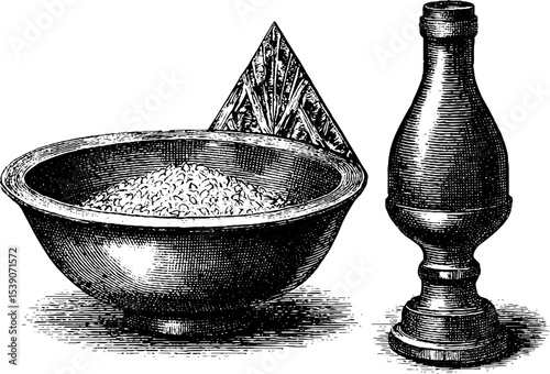 Vintage sake bottle and rice bowl in engraving style for traditional design