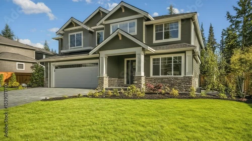 Modern home with green lawn and a sold sign displayed in the front yard