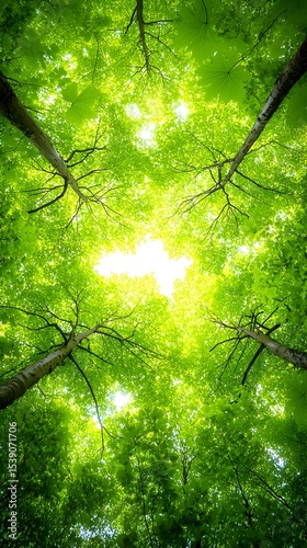 Sunlight through forest canopy, spring leaves, nature background,  wallpaper
