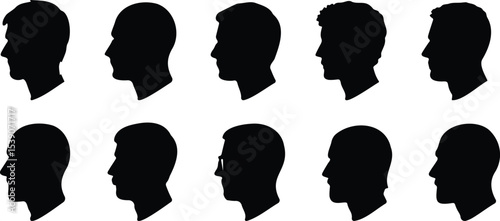 Set of male head profile silhouettes in side view, showcasing different hairstyles and face shapes on white background
