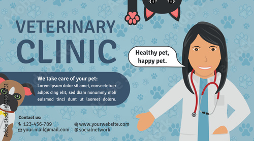 Veterinary Clinic Advertisement Template - Logotype, Illustrations of Brown Woman Doctor, Bulldog Dog, Black Cat Head and Paw on Footprint Background.