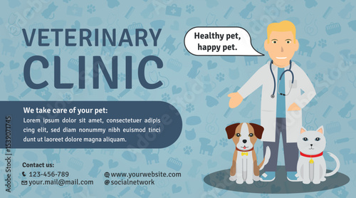 Veterinary Clinic Advertisement Template - Logotype, Illustrations of White Man Doctor, Brown White Dog and White Cat on Veterinary Background. Blue Layout.