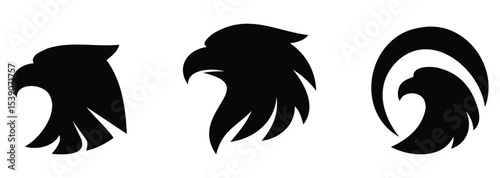 Set of stylized eagle head silhouettes with fierce expressions and bold lines, ideal for logo and tattoo designs