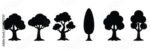 Set of various tree silhouettes including deciduous and coniferous types, isolated on white background for landscape design