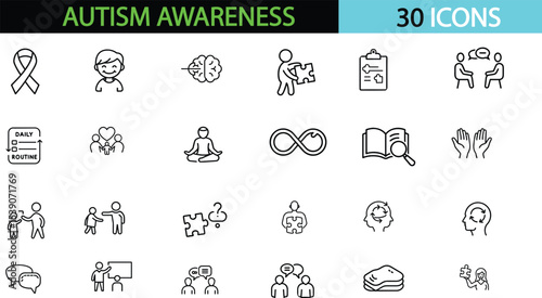 Autism awareness and neurodiversity support concept vector illustration. Line icons show behavior signs, therapy, emotional communication and inclusive education for children vector illustration