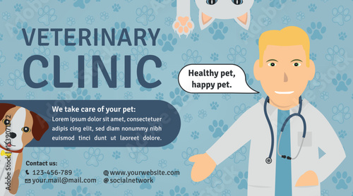Veterinary Clinic Advertisement Template - Logotype, Illustrations of White Man Doctor, Dog, White Cat Head and Paw on Footprint Background. Blue Layout.