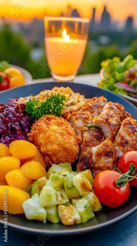 Sunset dinner featuring grilled meat, creamy pasta,  red cabbage slaw, and fruit salad