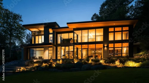 Modern house exterior at dusk featuring floor-to-ceiling windows and ambient lighting