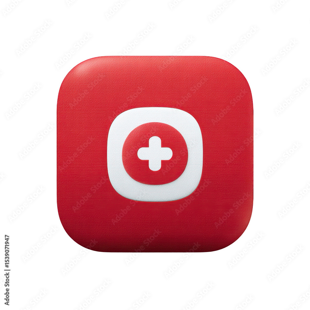 Fototapeta premium Red square icon with rounded edges features white medical cross symbol in center, conveying sense of healthcare and emergency assistance
