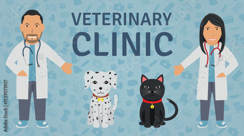 Veterinarian Illustration Set - Human Characters of Brown Man and Woman Veterinary Doctors, Pet Dalmatian Dog and Black Cat, Logotype and Veterinary Background.
