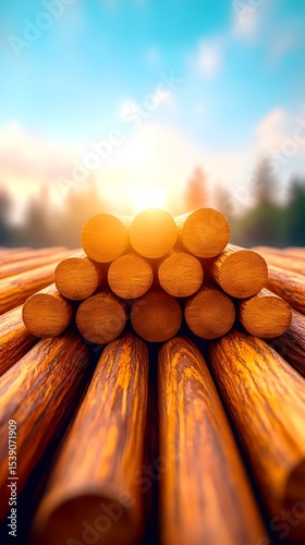 Sunset timber stack, forest background, wood texture, lumber industry