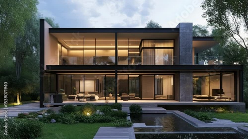 Modern house exterior at twilight featuring transparent facade and lush evening garden