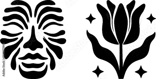 Minimalist abstract face and tulip with stars design for creative projects