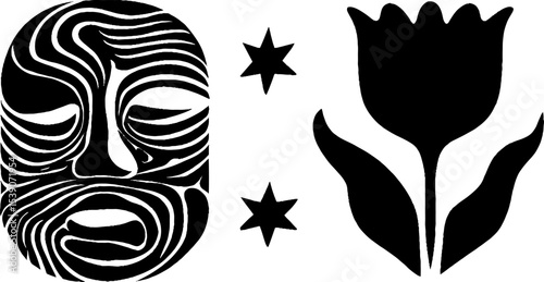 Minimalist abstract face with tulip and star design for art and decor
