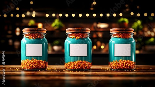 Teal jars, orange product, wooden table, cafe background, mockup