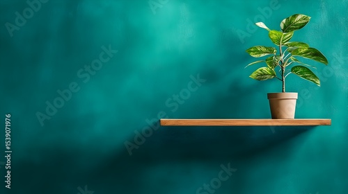 Teal wall, wood shelf, potted plant, sunlight, mockup