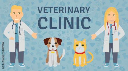 Veterinarian Illustration Set - Human Characters of White Man and Woman Veterinary Doctors, Pet Dog and Orange Cat, Logotype and Veterinary Background.