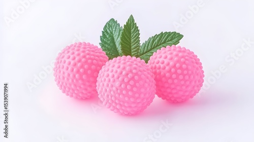 Three pink textured spheres with green leaves