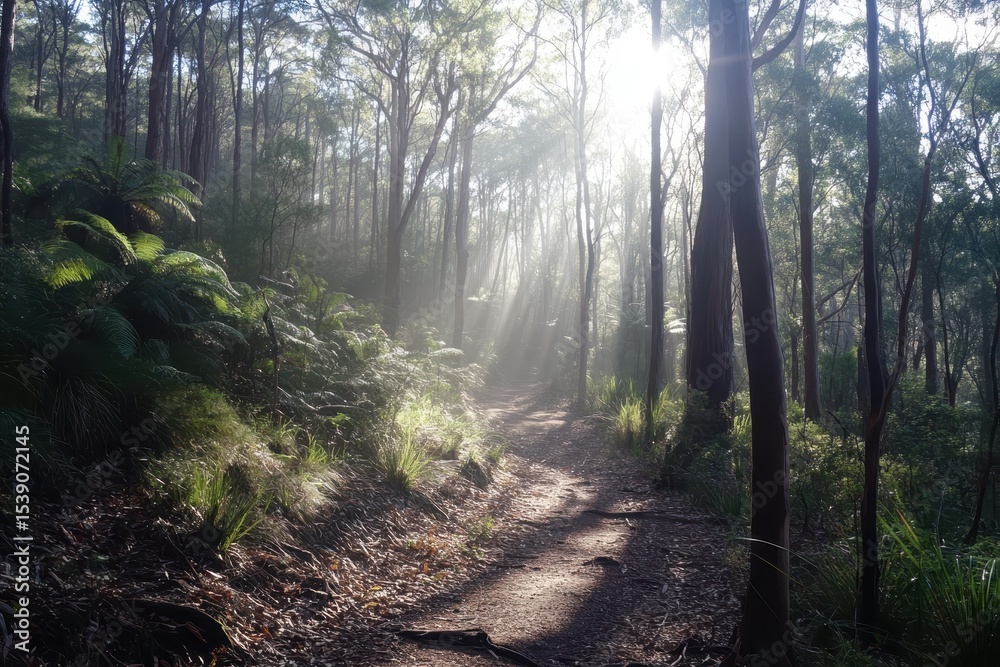 Obraz premium Sun rays break through forest canopy creating a serene path in the woods during early morning hours, Sun rays and light shines through forest canopy in Australia native forest