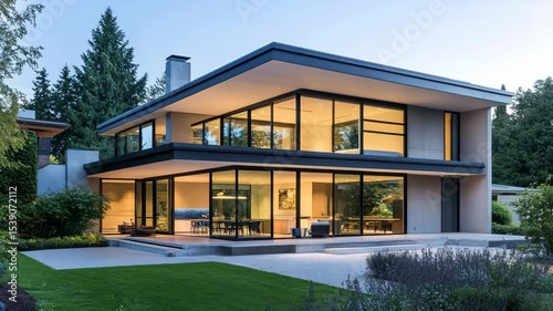 Modern house exterior featuring expansive glass walls and sleek architectural design