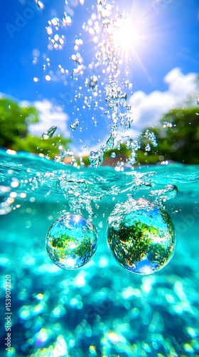 Tropical pool, water droplets, bubbles, sunny sky, reflection