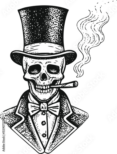 Smoking Skull in Top Hat and Suit Monochrome Illustration on White