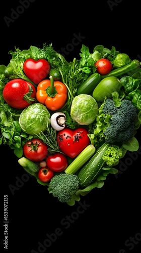 Vibrant assortment of fresh vegetables arranged in a heart shape, showcasing a healthy and nutritious lifestyle choice