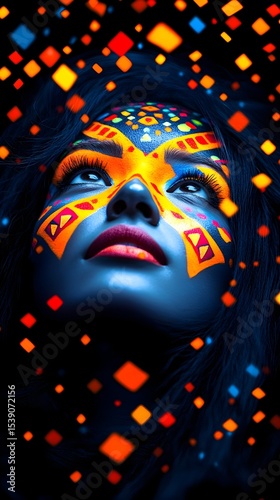 Vibrant face paint, dark hair, glowing background