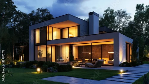 Modern house exterior glowing at night, highlighted by bright spotlights