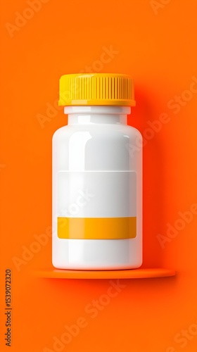 White pill bottle, orange background, mockup, pharmacy