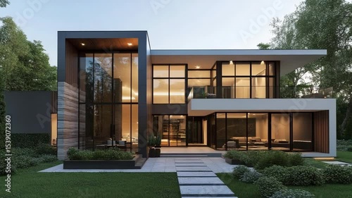 Modern house exterior rendering with sleek design, large windows, and contemporary architecture