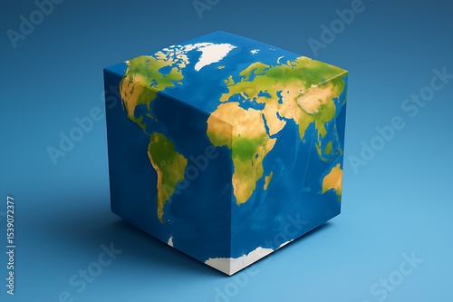 Cubed Earth Global Map, World Geography, 3D Model, Planet Visualization, Digital Globe, Geographic R