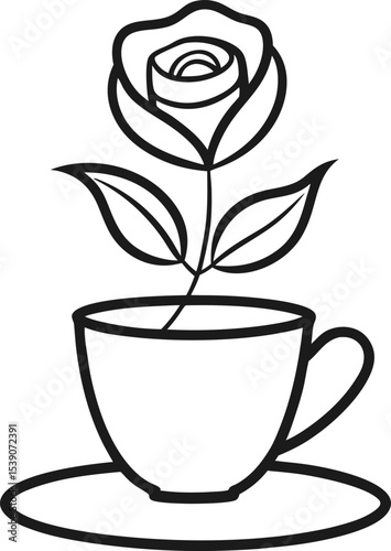 Rose in outlined teacup with elegant minimal style for coloring project