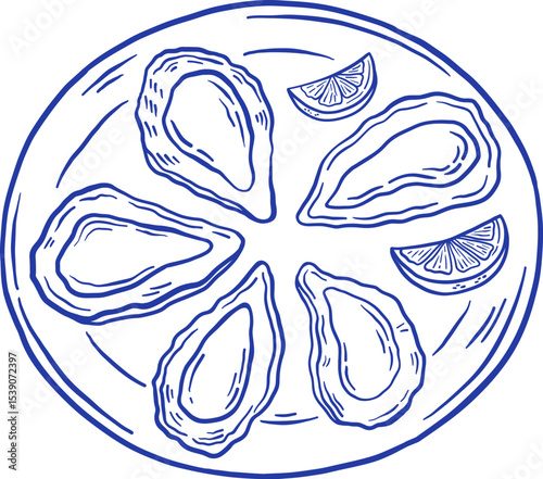 Hand-drawn oyster plate with lemon vector illustration. Doodle seafood mussel delicacy. La dolce vita Italian style.