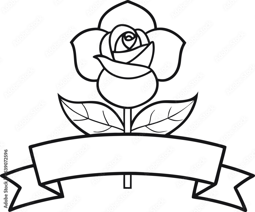 Single rose with blank ribbon banner in outline form for custom message