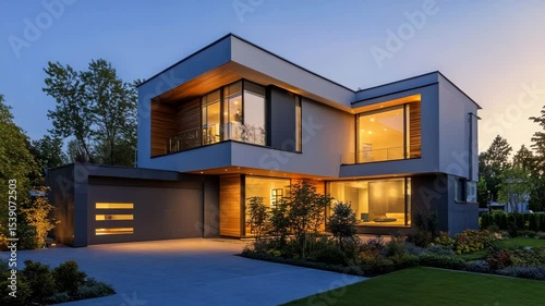 Modern house facade glowing with elegant lighting, highlighting sleek architecture at dusk