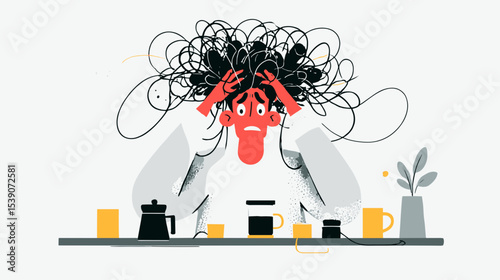 Frustrated woman with tangled thoughts and coffee cups symbolizing mental burnout healthy lifestyle