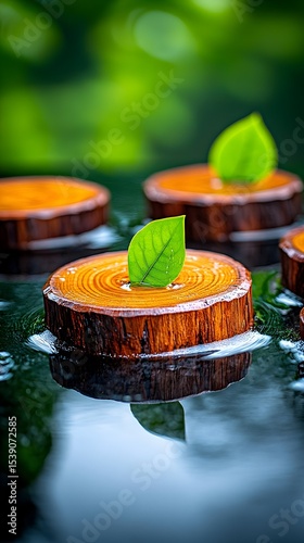Wood slices, leaves, water, garden, reflection, zen, nature, serenity, spa, wellness