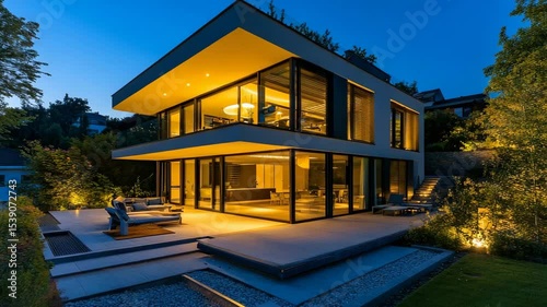 Modern house illuminated at night with a beautifully landscaped garden, creating an aesthetic and serene evening atmosphere