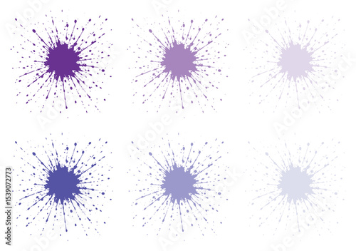 Six purple paint splashes arranged in two rows, featuring varying shades from light to dark.