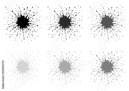 Six paint splatter designs arranged in two rows; top in black and gray, bottom in light gray and white.
