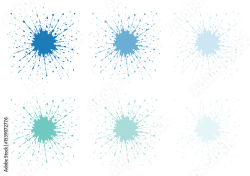 Six paint splashes arranged in two rows, featuring various shades of blue and teal on a white background.