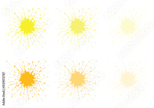 Six yellow paint splashes arranged in two rows, varying in intensity from light to dark, against a white background.