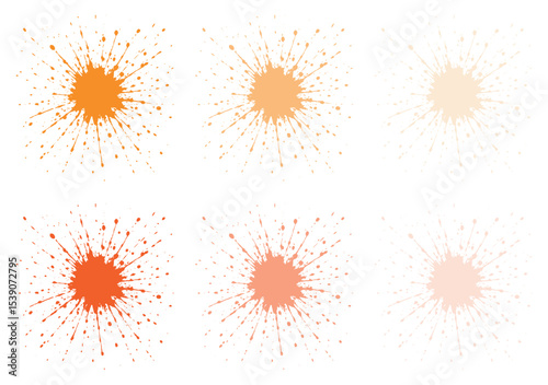 Six orange paint splatters arranged in two rows, featuring varying shades from light to dark, set against a white background.