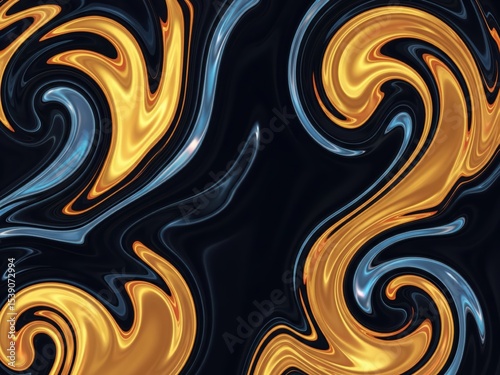 A vibrant digital artwork of flowing liquid gold and metallic blue swirls on a dark background, creating an elegant and luxurious abstract pattern
