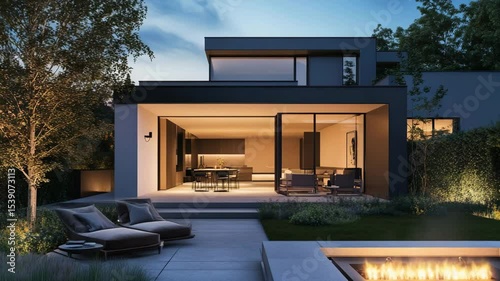 Modern house patio illuminated by warm firelight with outdoor seating at twilight