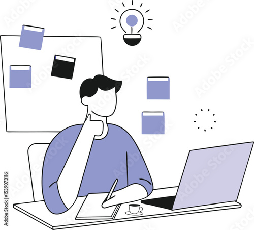Businessman, Thinking for Business Idea Vector Illustration, Creative Planning and Innovation Concept in Flat Design