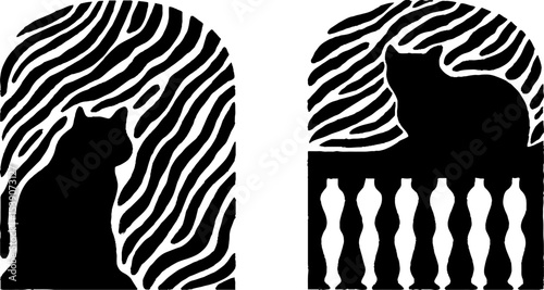 Arched window and cat silhouette with balcony art design